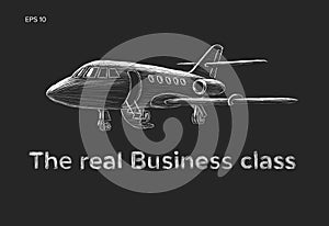Private jet vector hand drawn sketch. Business jet illustration chalk style.
