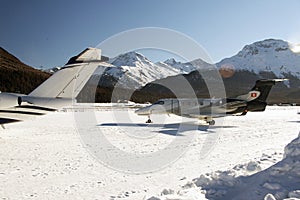 Private jets in Engadin St Moritz airport in Switzerland