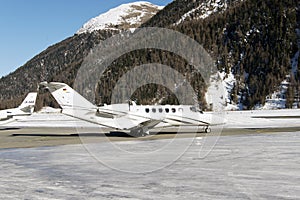 Private jets in Engadin St Moritz airport in Switzerland