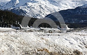 Private jets and planes in the airport of St Moritz Switzerland in the alps