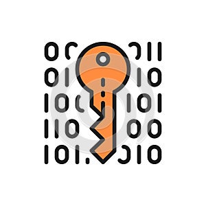 Private key, coding, cryptography, cyber security flat color line icon.