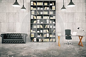 Private loft office with bookcase, leather sofa and glassy table