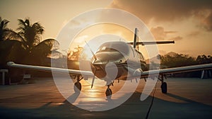 Private Luxury Jet Airplane In Tropical Location Waiting on the Tarmac At Sunset - Generative AI