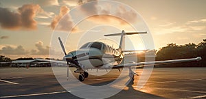 Private Luxury Jet Airplane In Tropical Location Waiting on the Tarmac At Sunset - Generative AI