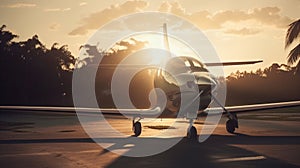 Private Luxury Jet Airplane In Tropical Location Waiting on the Tarmac At Sunset - Generative AI