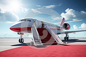 Private luxury jet with red carpet on the tarmac