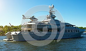 Private luxury ship with helipad.