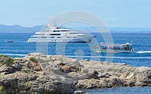 Private luxury Superyacht  anchored off the beach of the spanish coastline at Rose