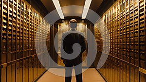 A private manger of a bank with thumb up stands in a room with safe deposit boxes. A concept of storing of important