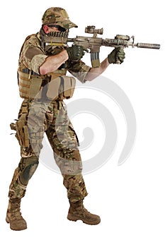 Private Military Company contractor with assault rifle