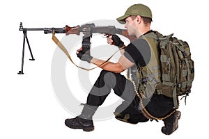 Private military contractor gunner with RPD machine gun isolated on white