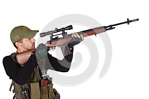 Private military contractor mercenary with m14 sniper rifle isolated on white photo