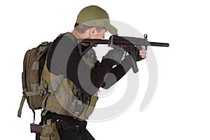 Private military contractor mercenary with mp5 submachine gun isolated on white photo