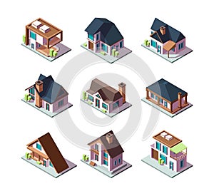 Private modern houses. City residential models of buildings miniature 3d low poly vector isometric illustrations