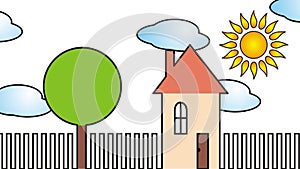 A private one-storey house with a tree with sun and clouds. Cartoon video.