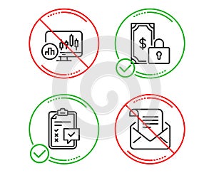 Private payment, Checklist and Candlestick chart icons set. Mail newsletter sign. Vector