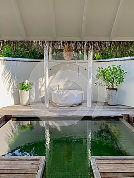 Private pool and bathroom to tropical island villa. Recreation area. Maldives. Vertical image