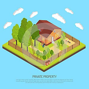Private Property Boundary Fences Isometric Illustration