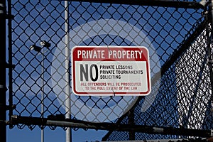 Private Property Sign, no private lessons, no private tournaments, no soliciting photo