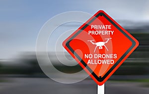 Private property sign, no drones allowed - red warning sign on a street, with speeding blurred background