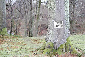 Private Property Sign on Tree in Country Land Estate