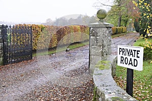 Private road sign at entrance of private estate for mansion house uk