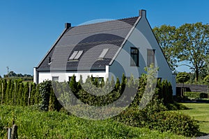 Private solar panels on a detached family house integrated on the roof.