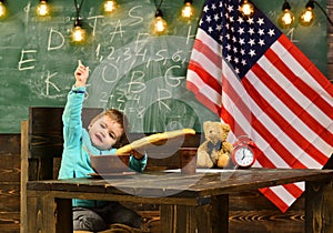 Private tutor might work best to help kid keep up with school. American flag blackboard. Talented child usually needs