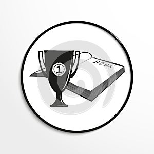 Prize cup and open book. Conditional symbol. Vector icon.
