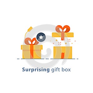 Prize give away, surprising gift, creative present, fun experience, gift idea concept, flat icon