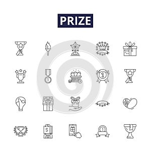 Prize line vector icons and signs. Reward, Booty, Bounty, Premium, Plunder, Booty, Stipend, Trophy outline vector photo