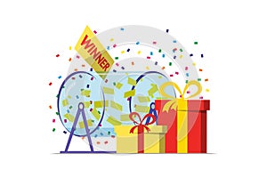 Prize raffle rotating drum with lottery tickets and lucky winner gift boxes on white background. Online random draw
