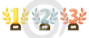 Prize trophies. Golden first place cup award, silver laurel wreath and awards bronze trophies flat vector illustration