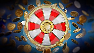 Prize wheel and gold coins with dollar icon on blue background. 3D illustration