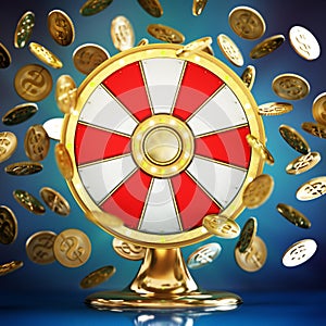 Prize wheel and gold coins with dollar icon on blue background. 3D illustration
