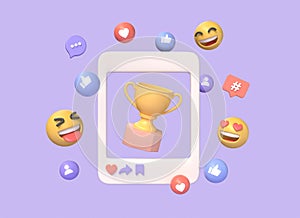 Prize winner 3d icon with golden cup, winners for awards ceremony. social network post frame.illustration isolated on purple