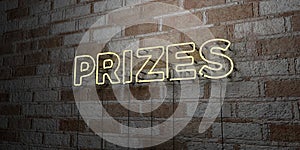 PRIZES - Glowing Neon Sign on stonework wall - 3D rendered royalty free stock illustration