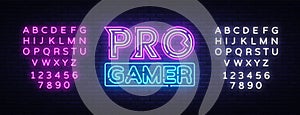 Pro Gamer neon sign vector. Neon Gaming Design template, light banner, night signboard, nightly bright advertising photo