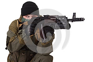 pro-Russian militiaman with kalashnikov ak-47 rifle with under-barrel grenade launcher