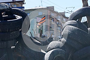 Pro-Russian separatist flag over the barricades. Lugansk, Ukraine