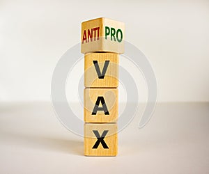 Pro-vax or anti-vax symbol. Turned a cube, changed words `anti-vax` to `pro-vax`. Beautiful white background. Copy space. Busi photo
