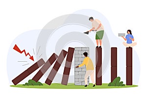 Proactive risk management, tiny people building brick wall to avoid falling domino
