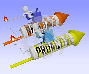 Proactive Vs Reactive Rocket Representing Taking Aggressive Initiative Or Reacting - 3d Illustration