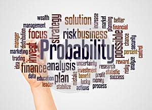 Probability in business word cloud and hand with marker concept