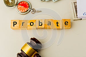 Probate sign, stack of papers and gavel photo