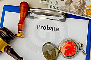 Probate sign, stack of papers and gavel