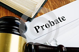 Probate sign, stack of papers. photo