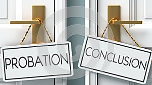 Probation and conclusion as a choice - pictured as words Probation, conclusion on doors to show that Probation and conclusion are photo