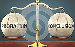 Probation and conclusion staying in balance - pictured as a metal scale with weights and labels probation and conclusion to photo