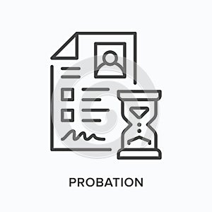 Probation flat line icon. Vector outline illustration of employee profile. Black thin linear pictogram for corporate photo